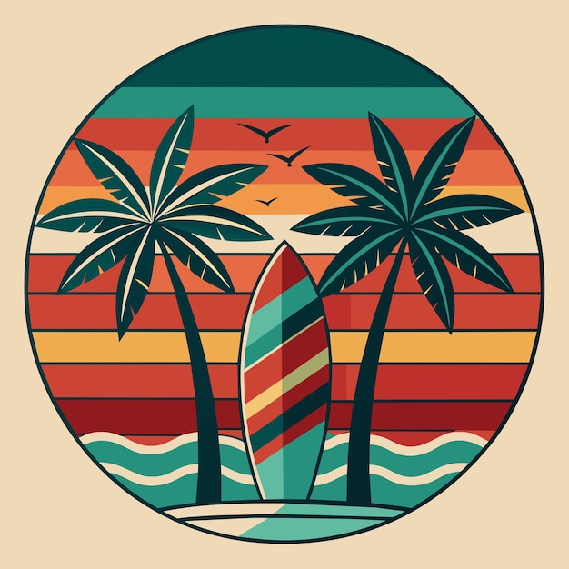 Vector t-shirt sticker met een retro-geïnspireerd ontwerp met vintage surfboards en palmbomen