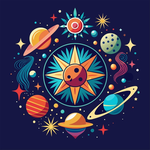 T-shirt sticker ontwerp van een geïnspireerd door hemelse elementen zoals sterren en sterrenstelsels voor een kosmische