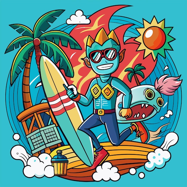 T-shirt sticker van een humoristische illustratie die verwijzingen naar de popcultuur combineert met surfmotieven