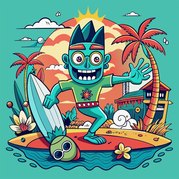 T-shirt sticker van een humoristische illustratie die verwijzingen naar de popcultuur combineert met surfmotieven
