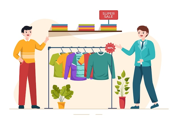 T shirt Store for Buying New Products Clothing or Outfit with Various Model in Illustration