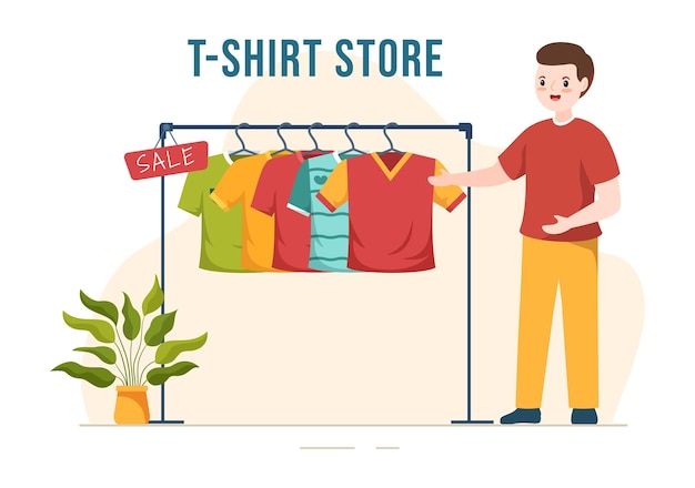일러스트레이션에서 다양한 모델로 신제품 의류 또는 복장을 구매하기 위한 T 셔츠 매장