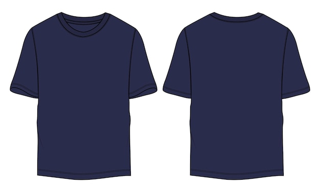 Tシャツテクニカルファッションフラットスケッチベクトルイラストネイビーカラーテンプレート正面図と背面図