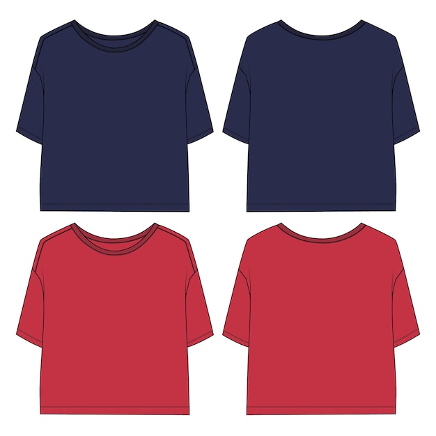 T-shirt Technische mode platte schets Vector rood en marine kleurensjabloon voor dames