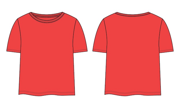 T shirt tops technical fashion flat sketch vector Red color template for ladies and baby girls