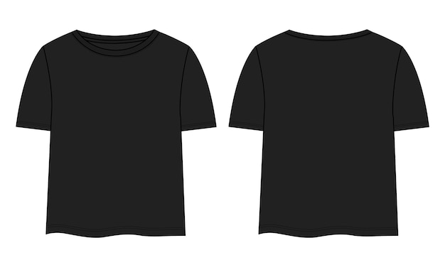 T-shirt tops technische mode platte schets vector zwarte kleur sjabloon voor dames en baby meisjes