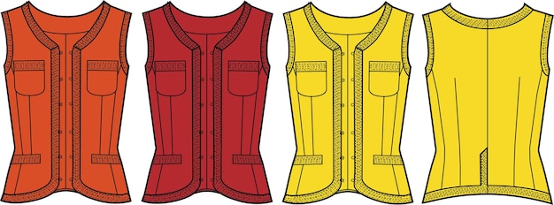 T-shirt vest front and back flat sketch technical drawing vector illustration template