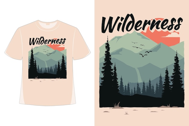 T-shirt wildernis grenen berg plat natuur hand getekende stijl vintage retro afbeelding