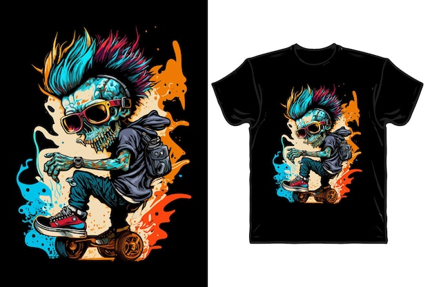 A t - shirt with a skull and blue hair on it and a black shirt with the word spooky on it.