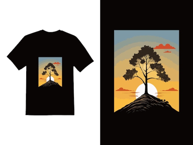 A t shirt with a sunset on it Sun and Tree nature TShirt design template