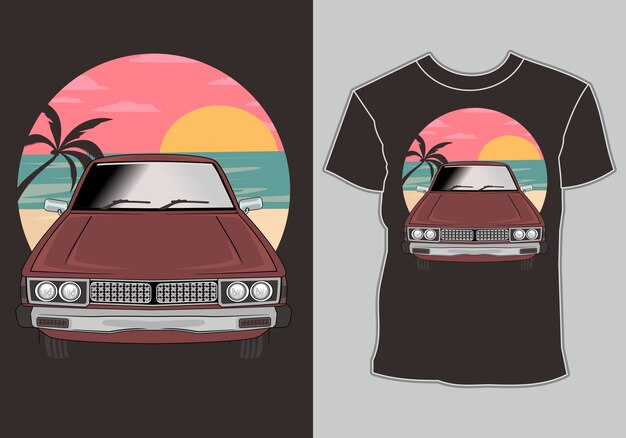 T-shirt zomer, retro vintage auto in strand