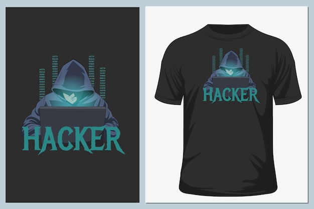 T-shirtillustratie van een hacker-man in een donkere kap die achter een laptop zit