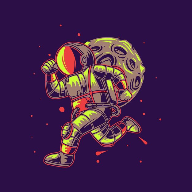 T-shirtontwerp astronaut die tegen de achtergrond van de maanillustratie loopt