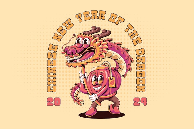 Vector t-shirtontwerp met chinese lantaarn die draakdans uitvoert retro cartoon character illustratie