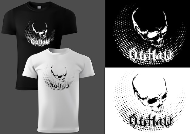 T-shirtontwerp met een schedel in zwart-witvariatie