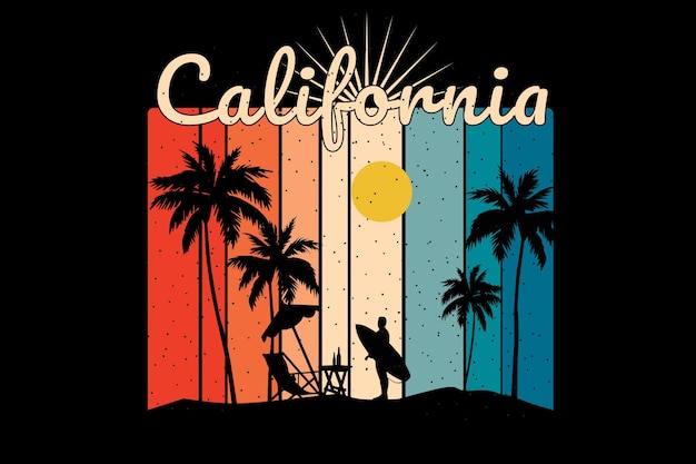 T-shirtontwerp met silhouet strand Californië zonsondergang in retro stijl