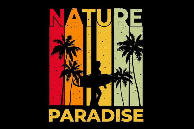 T-shirtontwerp met surfzonsondergang in het natuurparadijs in retro vintage stijl