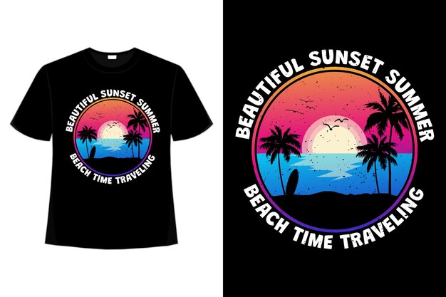 T-shirtontwerp van een prachtig zonsondergangzomerstrand dat in retrostijl reist