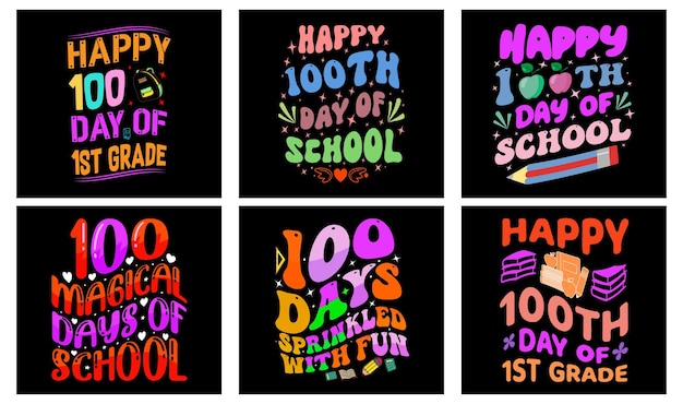 T-shirtontwerpbundel voor 100 dagen school. 100 dagen schoolvector. Typografie t-shirt ontwerp.