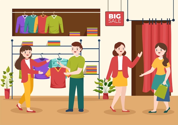 T-shirtwinkel voor het kopen van nieuwe producten, kleding of outfit met verschillende modellen in illustratie
