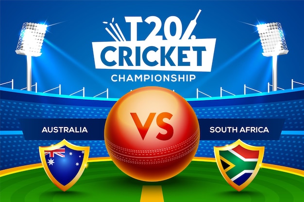 T20 cricket championship concept australia vs sudafrica partita intestazione o banner con palla da cricket sullo sfondo dello stadio.