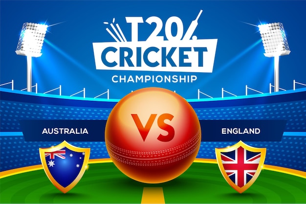 T20 cricket championship concept australië vs engeland match header of banner met cricket bal op stadion achtergrond.