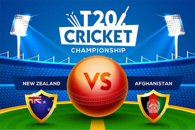 T20クリケットチャンピオンシップのコンセプトニュージーランド対アフガニスタンは、スタジアムの背景にクリケットボールが付いたヘッダーまたはバナーを一致させます。