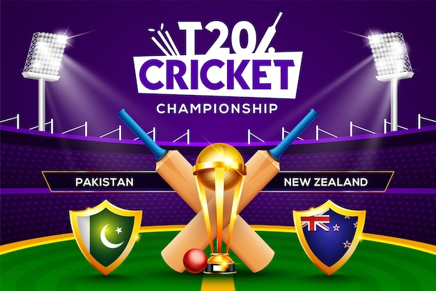 T20 Cricket Championship concept Pakistan vs New Zealand match header or banner with cricket ball, bat and winning trophy on stadium background.