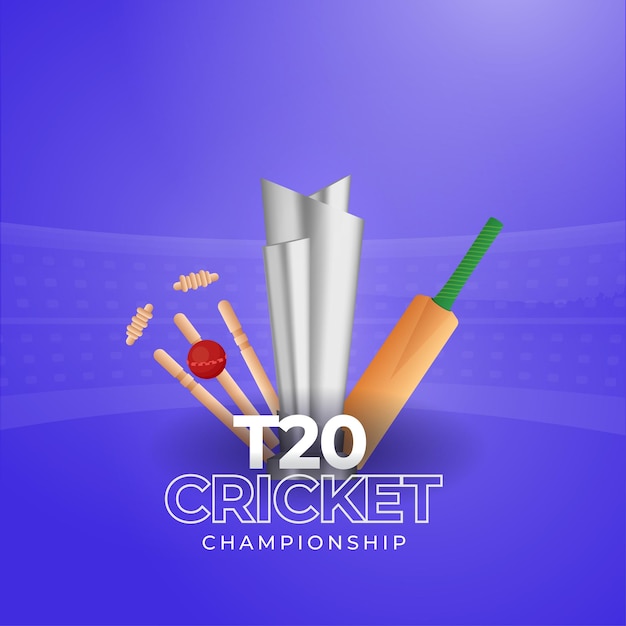 T20 cricket championship poster design with 3d silver trophy cup, bat and ball hitting wicket stump on blue background