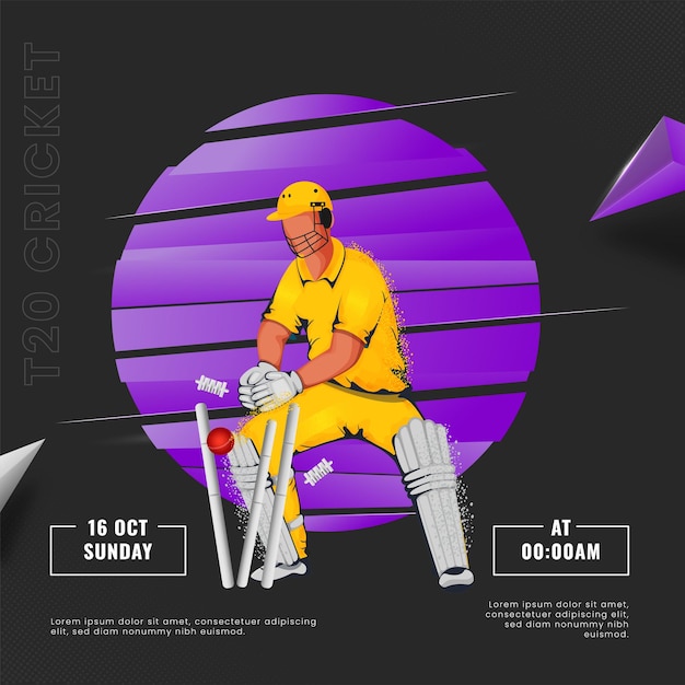 Vector t20 cricket championship poster design with cartoon wicket keeper hitting ball to stump on purple and black background