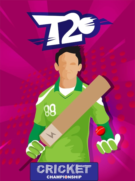 T20 Cricket Championship sjabloonontwerp met anonieme slagman op roze polka dots stralen achtergrond.
