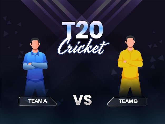 Concetto di cricket t20 con giocatori di cricket senza volto della squadra partecipante a vs b su sfondo geometrico astratto blu