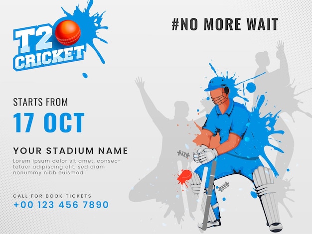 T20 cricket fever is back concept met splash effect cricketspeler in actie pose en locatiedetails op grijze achtergrond.