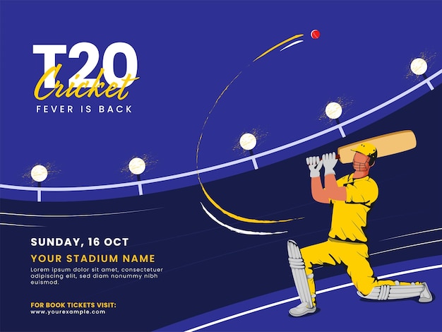 Вектор t20 cricket fever возвращается к концепции с мультяшным игроком с битой, ударяющим по мячу на синем фоне