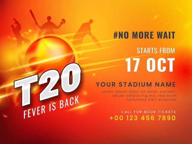 Vector t20 cricket fever is back concept with golden flare effect ball and silhouette players on red background.