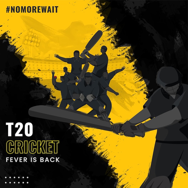 T20クリケットフィーバーは、黄色と黒のブラシ効果の背景にクリケット選手がいるバックポスターデザインです。