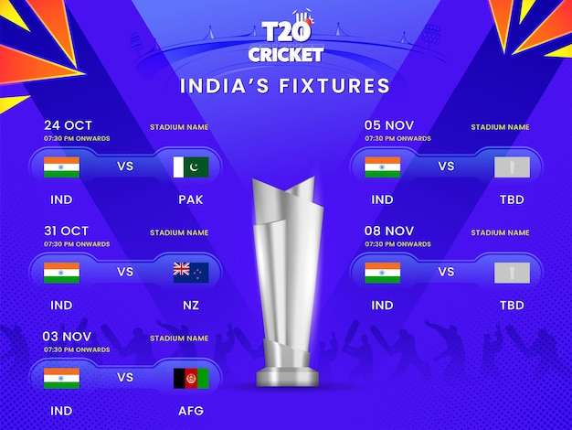 Vector t20 cricket india's fixtures schedule based poster design with 3d silver trophy cup on violet silhouette players background.