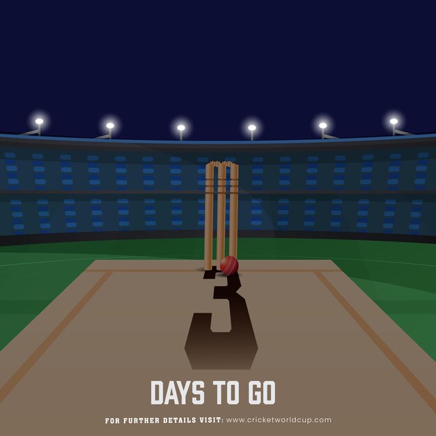 Vettore t20 cricket match 3 day to go based poster design con closeup shot di wicket stump con palla rossa sullo stadio