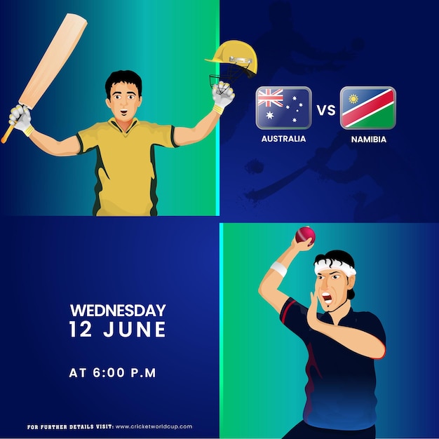 Vector t20 cricket match between australia vs namibia team with batter player bowler characters in national jersey