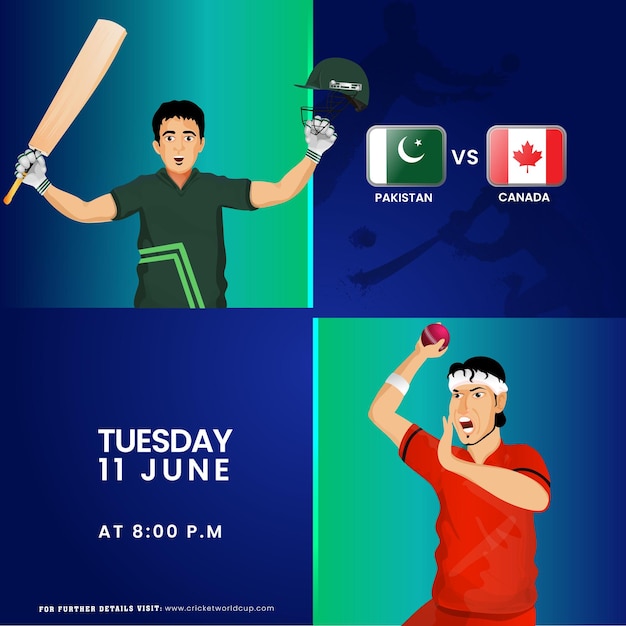 벡터 파키스탄과 캐나다 팀 사이의 t20 크리켓 경기는 배터 플레이어 볼러 캐릭터와 함께 국가 유니폼을 입었습니다.