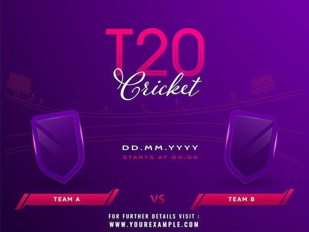 T20 Cricket Match Concept With Empty Shield Of Participating Team A VS B On Purple Stadium Background