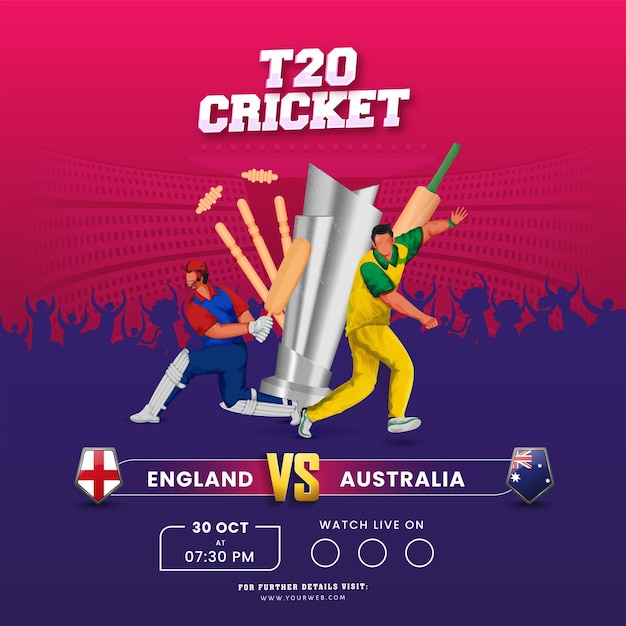 T20 partita di cricket tra inghilterra vs australia e attrezzatura da torneo 3d su sfondo rosa e viola.