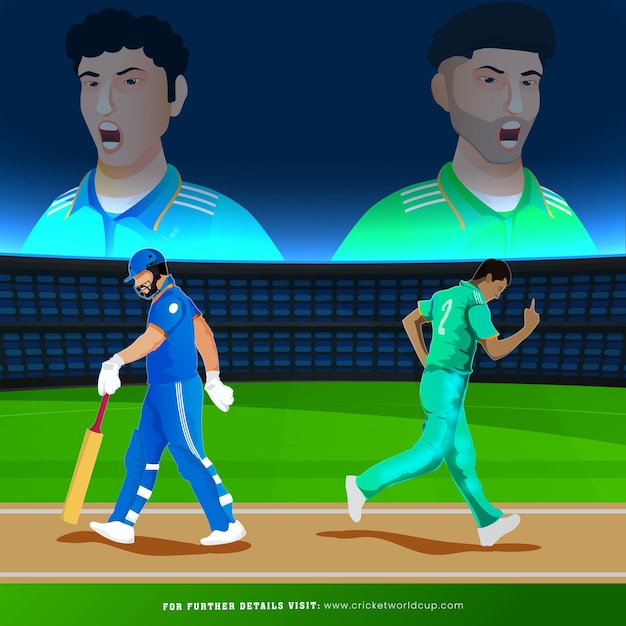 Disegno di poster pubblicitario della partita di cricket t20 tra l'india e il pakistan con i giocatori di cricket sullo stadio