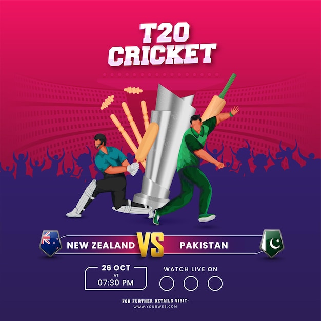 T20 partita di cricket tra nuova zelanda vs pakistan con giocatori di cricket senza volto e attrezzature da torneo 3d su sfondo rosa e viola.