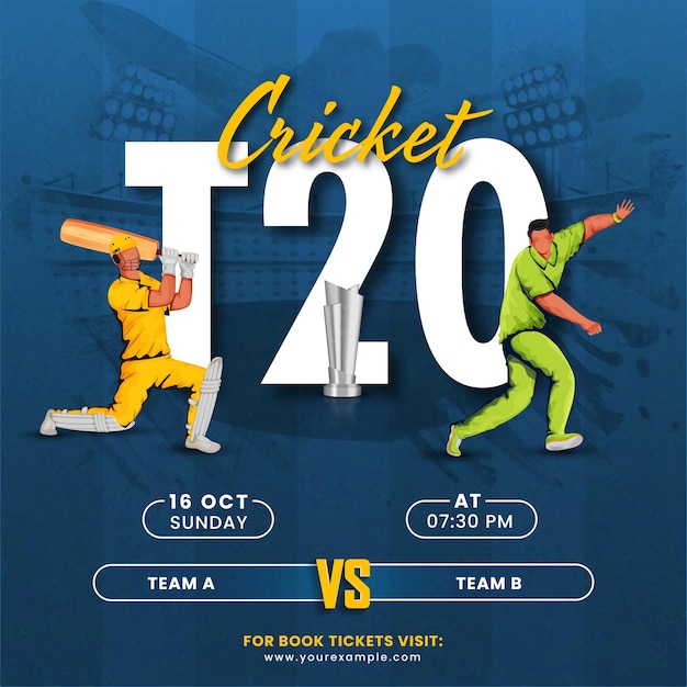 T20 partita di cricket tra la squadra a vs b con la vittoria della coppa del trofeo d'argento battitore senza volto giocatore di bowler su sfondo blu grunge