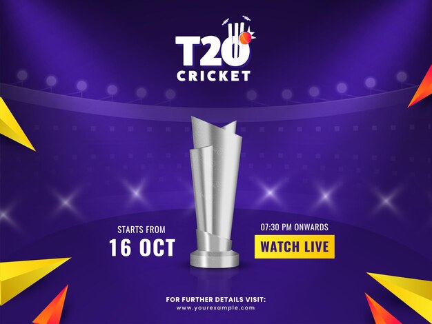 T20 cricket match watch live poster design with 3d silver trophy cup and triangle elements on purple stadium background