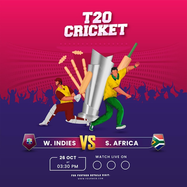 T20 partita di cricket tra west indies vs sud africa e attrezzatura da torneo 3d su sfondo rosa e viola.