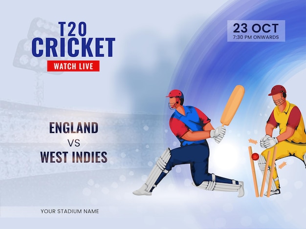 Premium Vector T20 cricket watch live show of participating team england vs west indies and cricketer players.