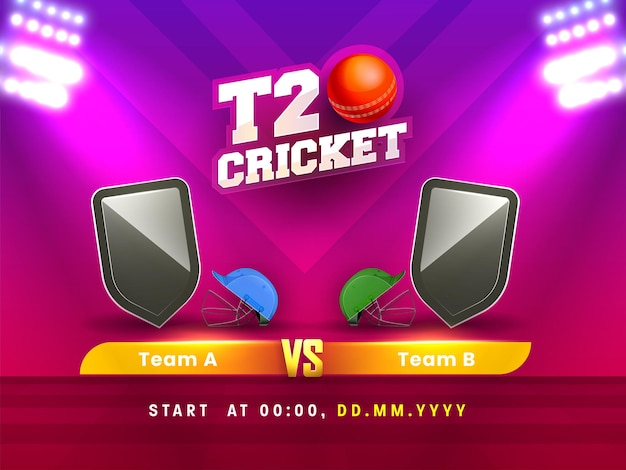 T20 Cricketwedstrijd tussen team A VS B van leeg schild met kledinghelmen op achtergrond met gradiëntstadionverlichting