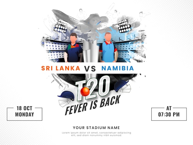 T20 Fever Is Back Concept met deelnemend team Sri Lanka VS Namibië van gezichtsloze cricketspelers en 3D Silver Trophy Cup op Brush Effect Stadium-achtergrond.